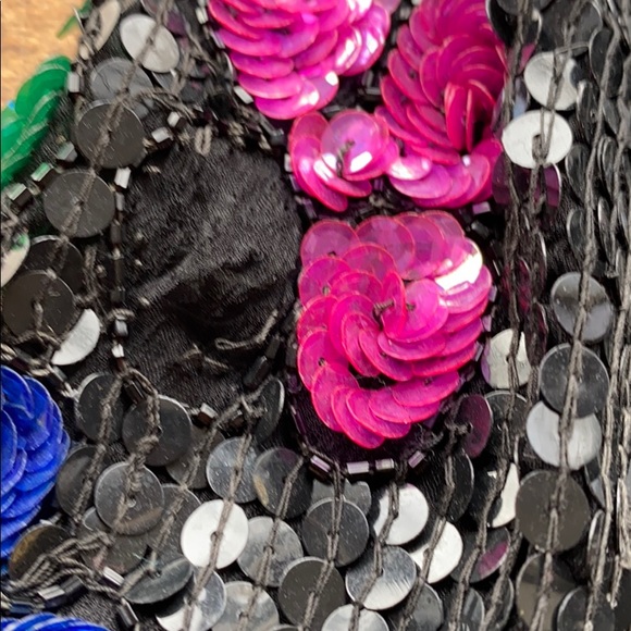 Vintage 100% silk sequined top Sz M 70s 80s 90s Black Floral - Picture 10 of 16